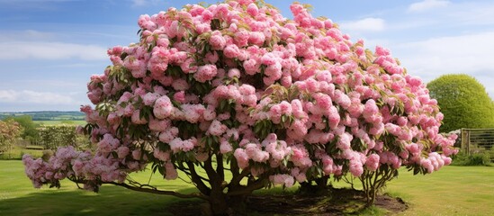Aufkleber - Blooming vibrant pink rhododendron bush in lush green garden landscape under clear blue sky showcasing beauty of rural Somerset England
