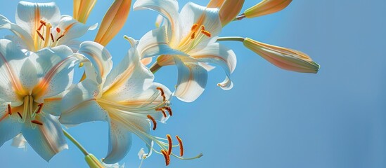 Poster - Delicate white lilies with orange accents against a soft blue sky background, gracefully arranged in a diagonal composition.