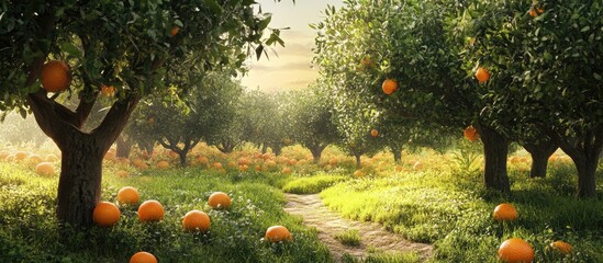 Aufkleber - Lush orange tree orchard with ripe fruits scattered on the vibrant green grass under soft sunlight creating a natural serene landscape.