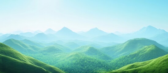 Aufkleber - Vibrant green rolling hills in a serene alpine landscape under clear blue skies with distant mountains creating a tranquil natural scene.