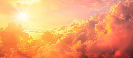Poster - Vivid sunset sky with warm orange and pink hues blending into fluffy clouds showcasing a serene outdoor view with ample copy space for text