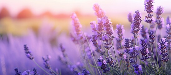 Poster - Purple lavender wildflowers in soft sunlight with blurred green background showing clusters of flowers creating a tranquil serene atmosphere