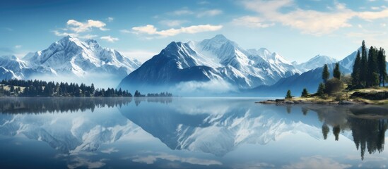 Aufkleber - Panoramic view of snow-capped mountains reflecting on a serene lake surrounded by lush greenery under a clear blue sky with fluffy clouds