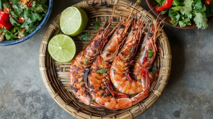 Sticker - A mouthwatering image of grilled shrimp served on a bamboo plate, garnished with lime and chili, evoking a sense of tropical flavor and culinary delight.