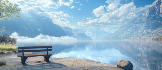 Aufkleber - Serene lakeside scene featuring a solitary wooden bench on a sandy shore surrounded by calm water and majestic mountains under a bright blue sky