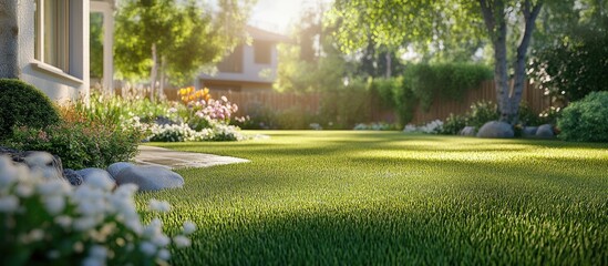 Aufkleber - Lush green lawn with vibrant flowers and stone pathways bathed in warm sunlight surrounded by trees creating a serene garden atmosphere