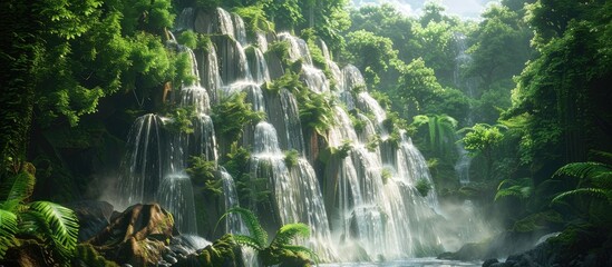 Aufkleber - Lush green trees frame a cascading waterfall amidst mist with vibrant sunlight illuminating the scene ideal for a peaceful copy space layout.