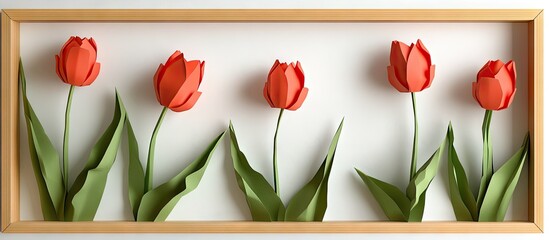Aufkleber - Five vibrant orange origami tulips arranged with green leaves in a wooden frame against a clean white background showcasing intricate paper art.
