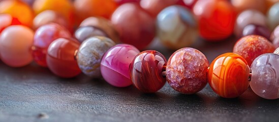 Leinwandbilder - Colorful closeup of polished red agate beads in various shades of red and pink arranged in a line against a dark textured background.