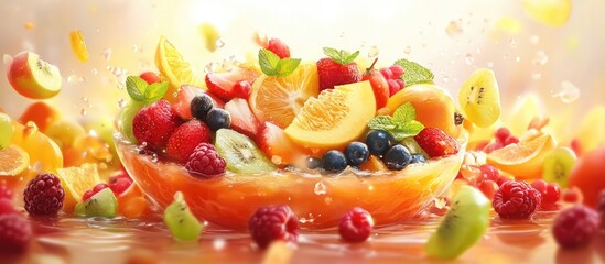 Aufkleber - Vibrant fruit salad in a glass bowl with orange, kiwi, raspberries, and mint splashing against a warm, golden background, creating a refreshing scene