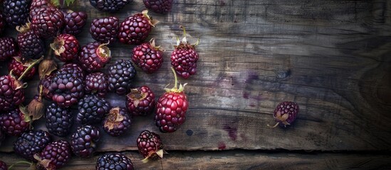Poster - Mulberries in deep purple to red hues scattered on a rustic wooden tabletop with dark textures and ample copy space in the upper section