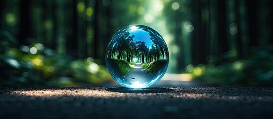 Aufkleber - Pathway in a lush green forest reflected in a crystal clear glass ball positioned centrally on a dirt trail surrounded by trees and foliage.