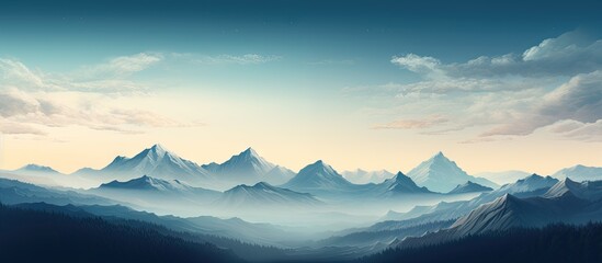 Aufkleber - Panoramic mountain landscape with soft blue and gray hues highlighting distant peaks under a serene sky with gentle clouds at sunset.