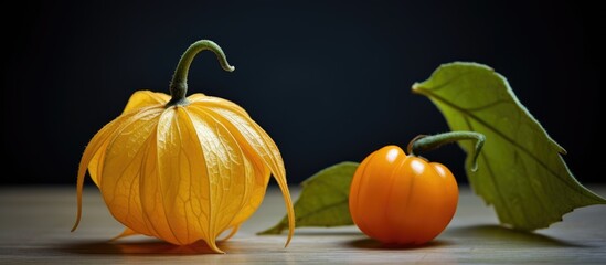 Poster - Orange physalis with vibrant leaves framing center space; warm tones on a wooden surface against a dark background for added contrast.