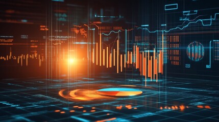 Fototapete - A set of bar and pie charts displaying financial performance metrics, surrounded by stock symbols and futuristic data overlays.