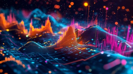 Poster - A set of colorful D financial graphs showing stock performance and business growth, set against a dark background with digital elements.