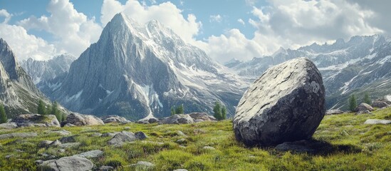 Aufkleber - A large solitary stone on a vibrant green meadow, foreground positioned on the left with majestic snow-capped mountains in the background.