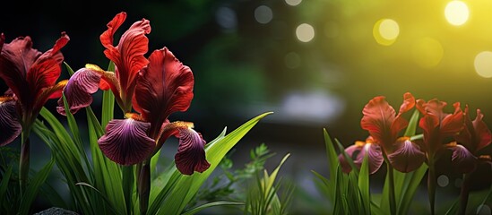 Leinwandbilder - Dark red iris flowers blooming in a lush garden with vibrant green leaves illuminated by warm sunlight creating a soft bokeh background.
