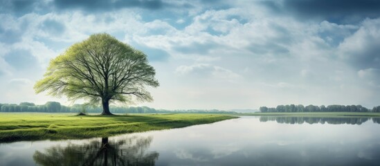 Poster - Serene spring landscape featuring a large tree on the left with fresh green grass, reflective river in the center, under soft cloudy skies.