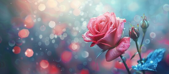 Aufkleber - Soft pink rose with dewdrops positioned left, vibrant bokeh in shades of blue and red, ideal for banners and social media with ample copy space.