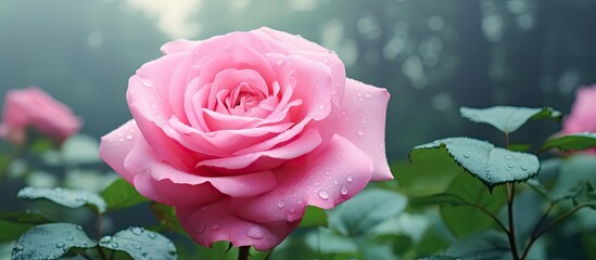 Aufkleber - Vibrant pink rose in full bloom, droplets on petals, lush green leaves surrounding, soft morning light creating a dreamy garden atmosphere.