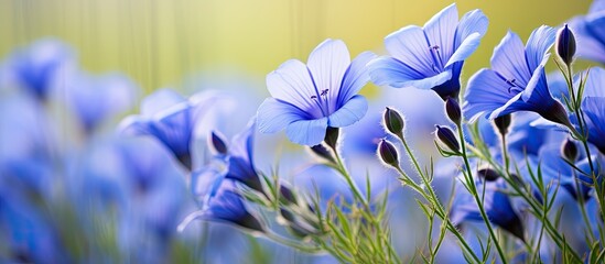 Leinwandbilder - Blue flax flowers in soft focus cascading in diagonal lines with vibrant blue petals and delicate green stems against a warm blurred background.