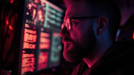 Concentrated Programmer Working Late at Night on Computer Screen