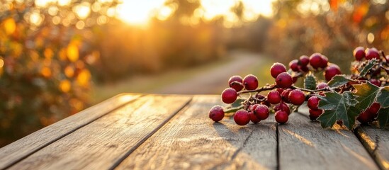 Poster - Wooden table top texture in focus with blurred garden backdrop featuring green and golden leaves and red berries highlighting natural beauty.