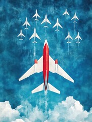 Aufkleber - Red and white airplane leads formation of paper planes against a vibrant blue sky showcasing leadership and direction. Generative AI