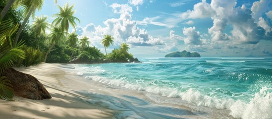 Aufkleber - Tropical beach scene with soft waves lapping at the white sand, emerald palm trees on the left, and bright blue skies with fluffy clouds above.