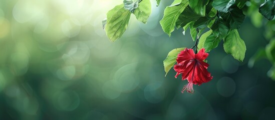 Fototapete - Vibrant red Hibiscus flower on green foliage background with bokeh effect, featuring soft light and ample copy space to the right for text.