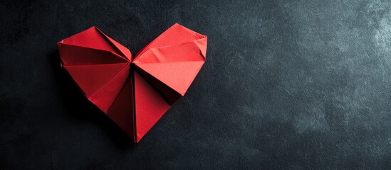 Aufkleber - Red origami heart prominently placed on a textured black background with soft shadows creating depth and highlighting intricate paper folds.