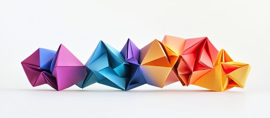 Aufkleber - Colorful origami paper figures in gradient hues of purple, blue, teal, orange, and red arranged creatively against a clean white background.