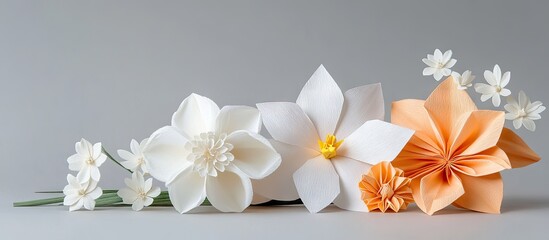 Poster - Delicate origami flowers in white, orange, and cream arranged artistically against a soft gray background, showcasing intricate paper craftsmanship.