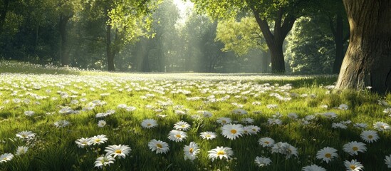 Poster - Summer meadow filled with blooming white daisies under bright sunlight surrounded by lush green trees creating a serene natural park atmosphere