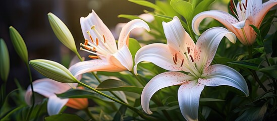 Aufkleber - Delicate white lilies with soft peach accents nestled among vibrant green foliage, illuminated by warm sunlight in a tranquil garden setting.