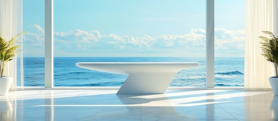 Poster - Bright ocean view showcasing a minimalist white table against a backdrop of clear blue waters and clouds, framed by large windows and greenery.