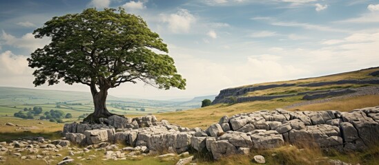 Aufkleber - Lone tree on rugged limestone outcrop in Yorkshire Dales under a blue sky with rolling hills in the background showcasing natural serenity and tranquility