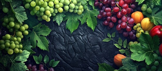 Poster - Vibrant assortment of organic grapes in green, red, and white varieties surrounded by lush green leaves on a dark textured background.