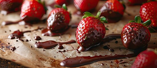 Poster - Chocolate dipped strawberries arranged on a baking sheet with dark chocolate drizzle background focus on red strawberries with green leaves