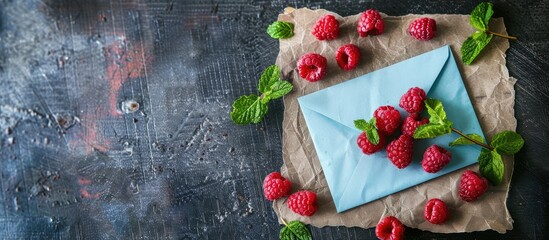 Poster - Fresh raspberries arranged around a light blue envelope on crumpled brown paper, with mint leaves accentuating a dark textured background.