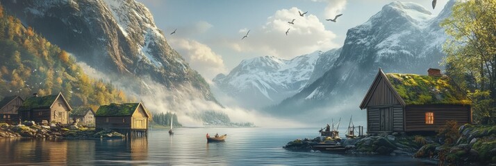 Aufkleber - Serene lakeside view with traditional cabins surrounded by mountains and mist in the early morning light. Generative AI