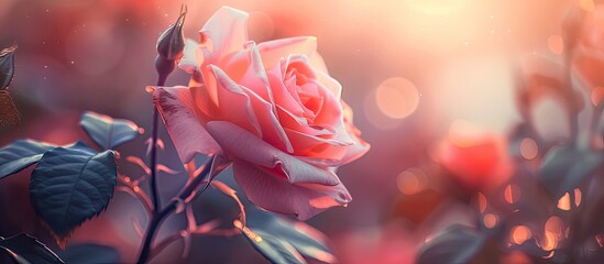 Leinwandbilder - Stunning macro shot of a pink rose showcasing intricate petal details with soft warm bokeh background and vibrant green leaves, beautifully lit.