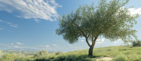 Poster - Serene landscape with a single olive tree against a clear blue sky showcasing soft white clouds and lush green grass in the foreground.