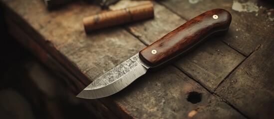 Leinwandbilder - Selected pieces of richly colored leather arranged on a rustic wooden desk beside a sharp knife showcasing craftsmanship and textural details