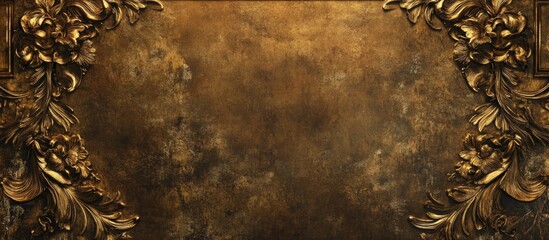 Leinwandbilder - Antique wooden photo frame with intricate floral carvings in gold and brown hues against a textured vintage background highlighting empty space.