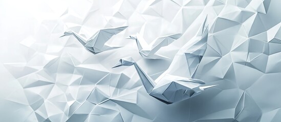 Leinwandbilder - Minimalist white-themed origami cranes in flight against a textured light gray background creating a serene and modern atmosphere.
