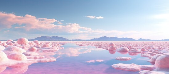 Aufkleber - Vibrant pink salt flats with a serene reflective pool under a blue sky and fluffy clouds, showcasing scenic lithium exploration landscape.