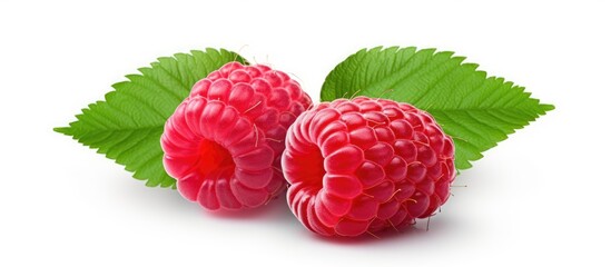 Poster - Fresh ripe raspberries with vibrant red color positioned side by side on a white background, complemented by green leaves in the foreground.