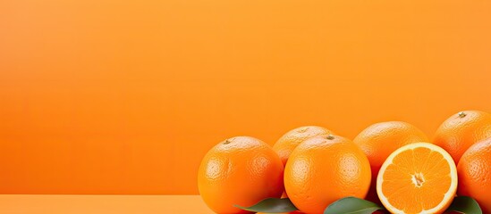 Poster - Fresh oranges arranged on the left with bright orange background, one orange halved, vibrant green leaves adding contrast to the scene.